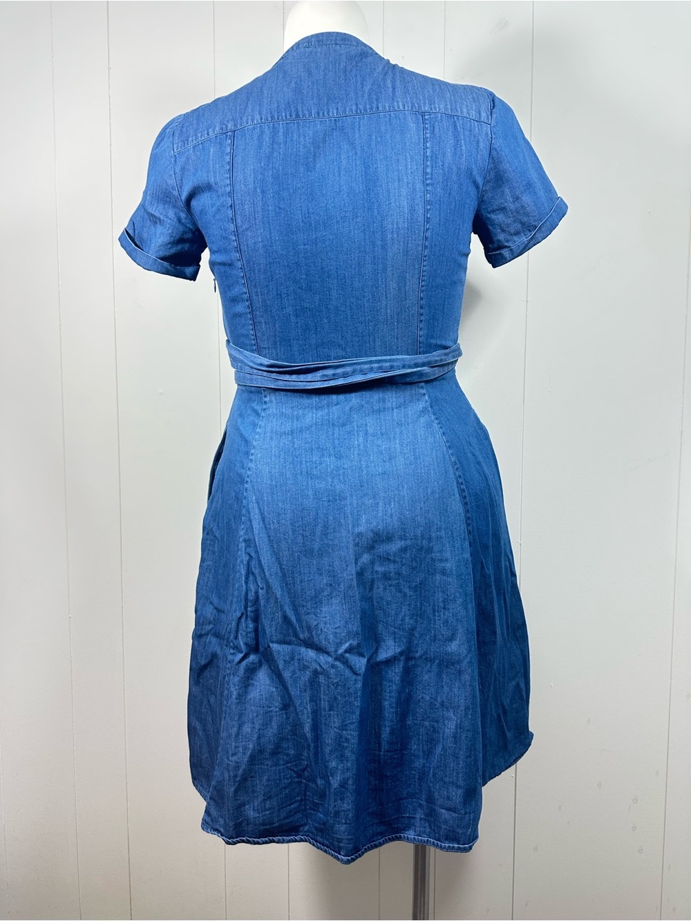 Boden Sz 8R Denim Fit & Flare Faux Wrap Cotton Dress Women’s Blue Short Sleeve - Picture 8 of 15